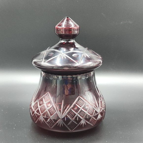 Vintage Bohemian Czech Ruby Red Cut to Clear Glass Canister Jar with Lid 9" tall - Picture 1 of 11